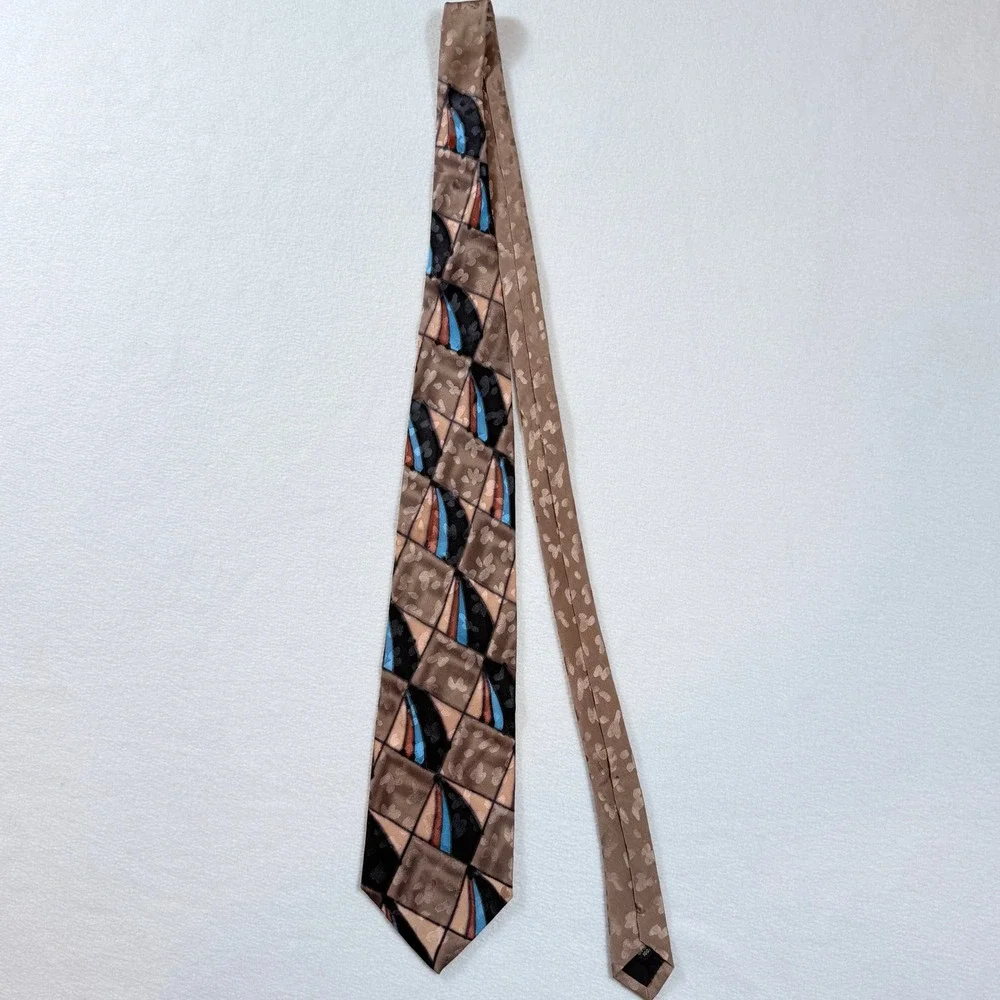 Robert Daskal Necktie Mens OS Brown Handpainted Geometric Silk Gloria Cha Artsy